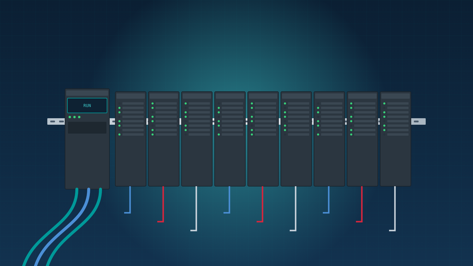 Modulare SPS mit CPU und Ein-/Ausgangsbaugruppen auf der Hutschiene.