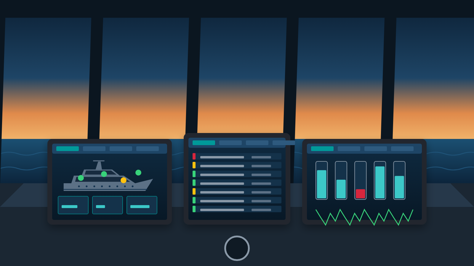 Brücke einer Yacht mit Touch-Panels für Alarm-, Tank- und Systemüberwachung.