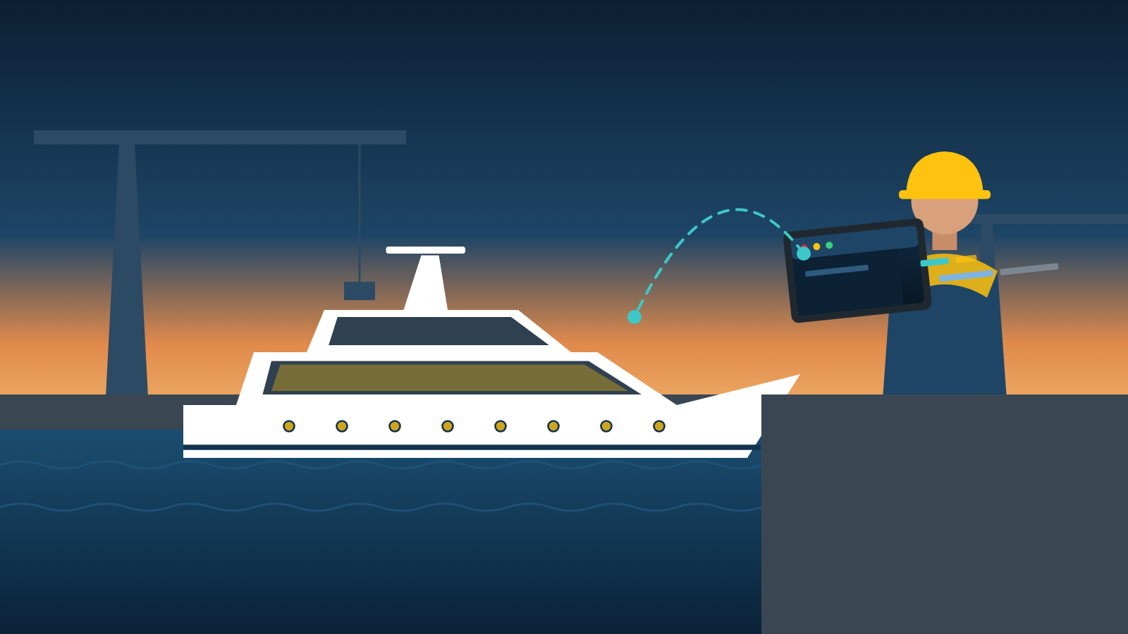 Inbetriebnahme-Techniker mit Tablet auf der Werft vor einer Yacht.
