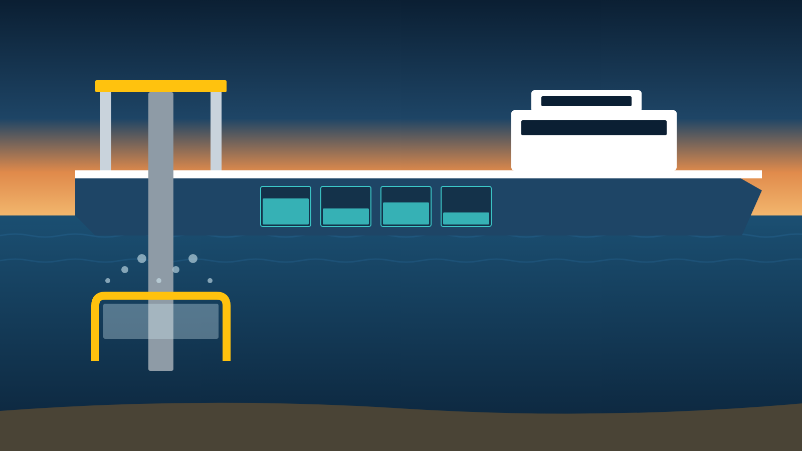 Arbeitsschiff mit Ballasttanks im Rumpf und einer abgesenkten Tauchglocke am Heck.